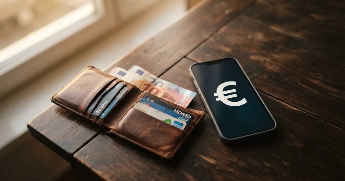 Ein Portemonnaie aus Leder liegt geöffnet auf einem Holztisch neben einem Smartphone mit dunklem Display, Fensterlicht fällt von der Seite.