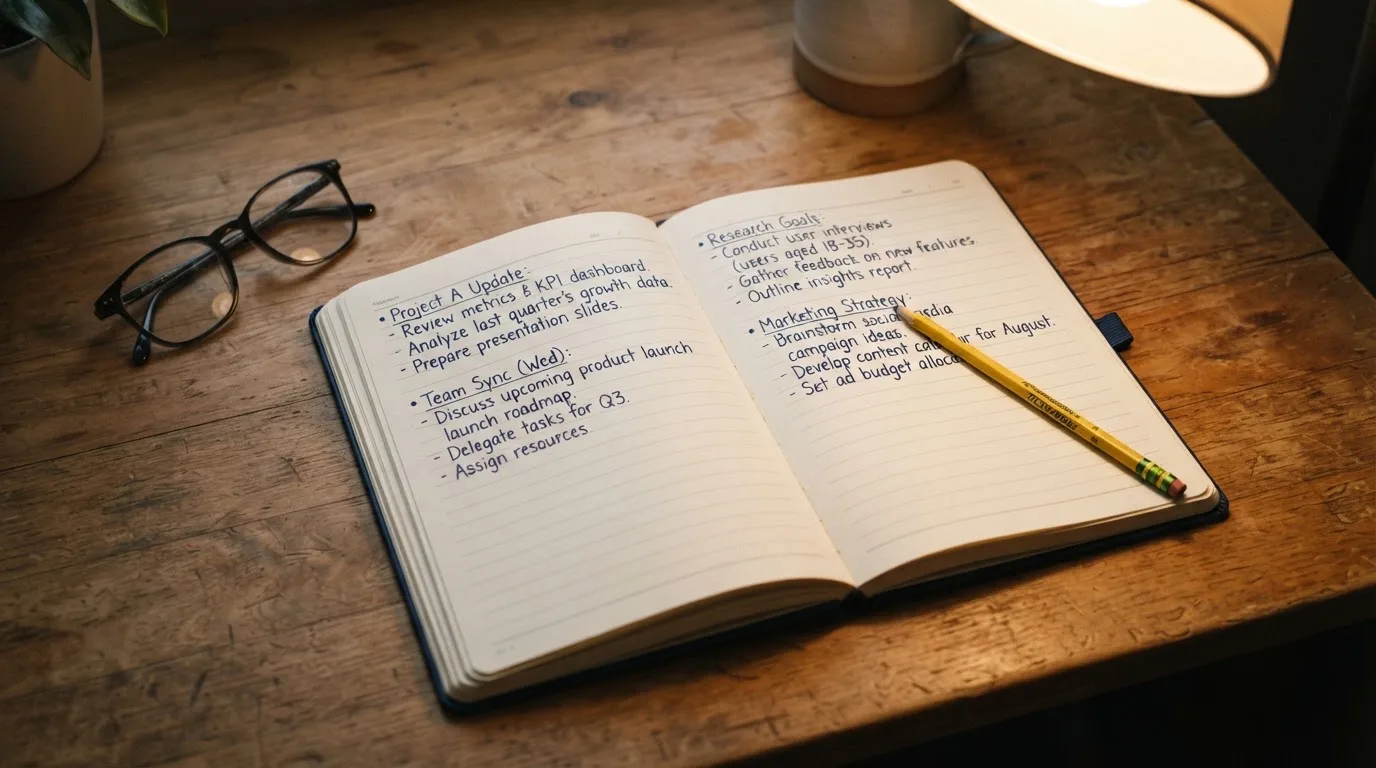 Ein aufgeschlagenes Notizbuch mit handschriftlichen Notizen liegt neben einem Bleistift auf einem Schreibtisch, daneben eine Brille.