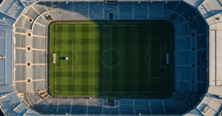 Ein Spielfeld aus der Vogelperspektive mit frisch gezogenen weißen Linien, ein einzelner Ball liegt im Strafraum, niemand ist zu sehen.
