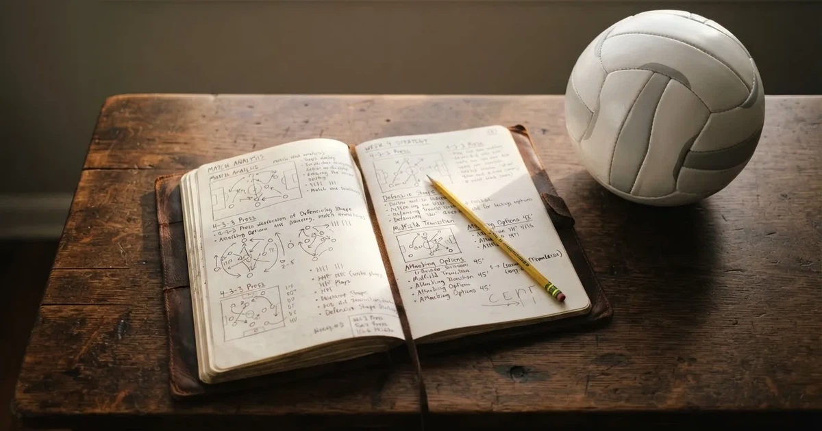 Ein Notizbuch mit handschriftlichen Notizen und kleinen Skizzen liegt aufgeschlagen neben einem Bleistift auf einem Schreibtisch, daneben ein Fußball.
