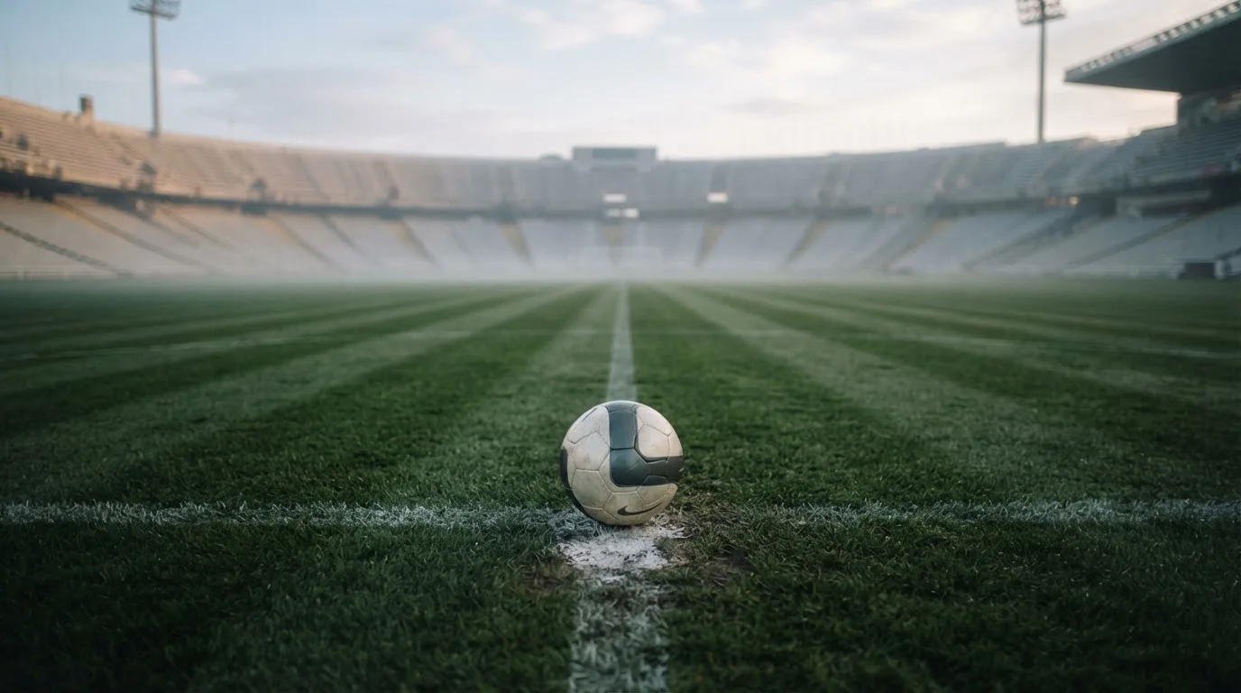 Ein Fußball liegt auf dem Mittelkreis eines leeren Rasenplatzes am frühen Morgen, im Hintergrund eine ferne Tribüne im Dunst.