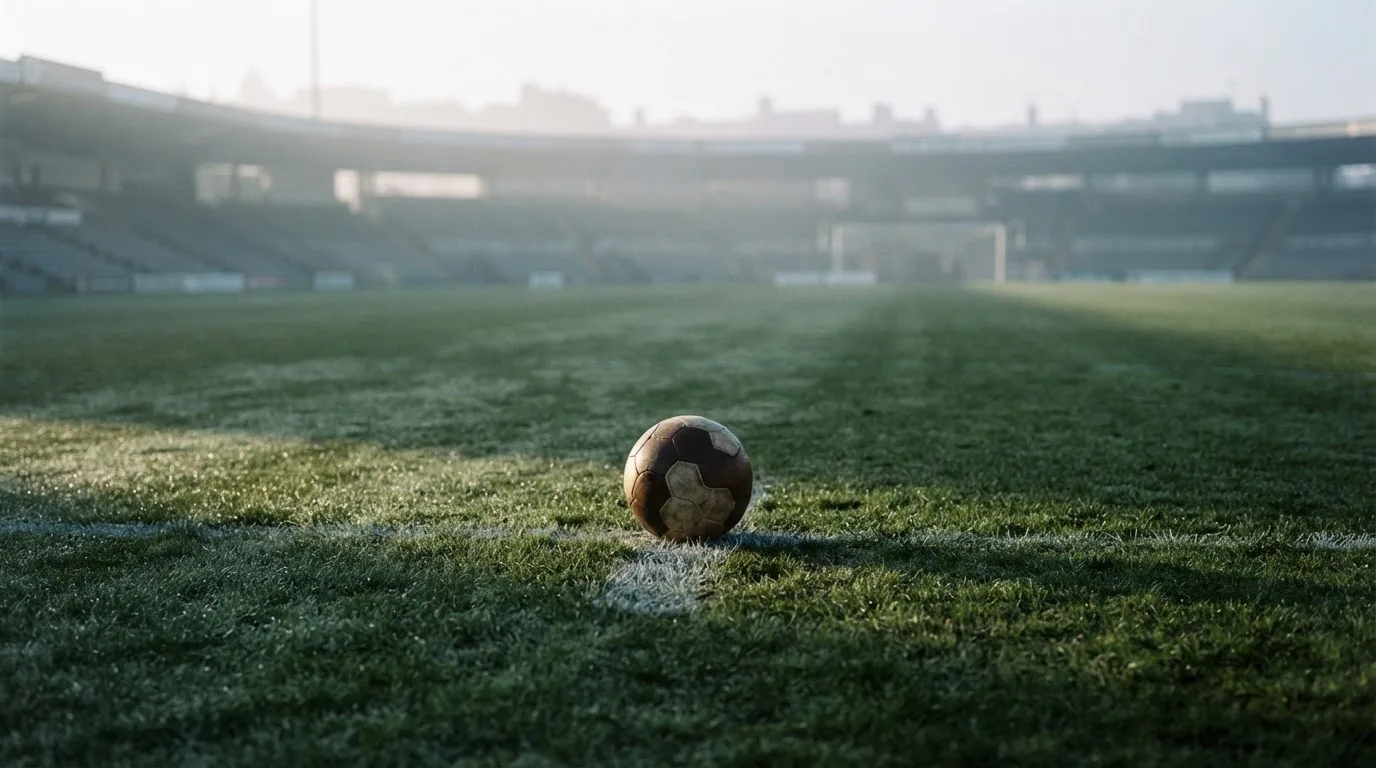 Ein Fußball liegt auf dem Mittelkreis eines leeren Rasenplatzes am frühen Morgen, im Hintergrund eine ferne Tribüne im Dunst.