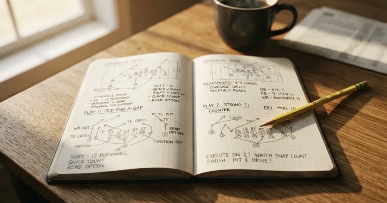 Ein Notizbuch mit handschriftlichen Notizen und kleinen Skizzen liegt aufgeschlagen neben einem Bleistift auf einem Schreibtisch, Fensterlicht von links.