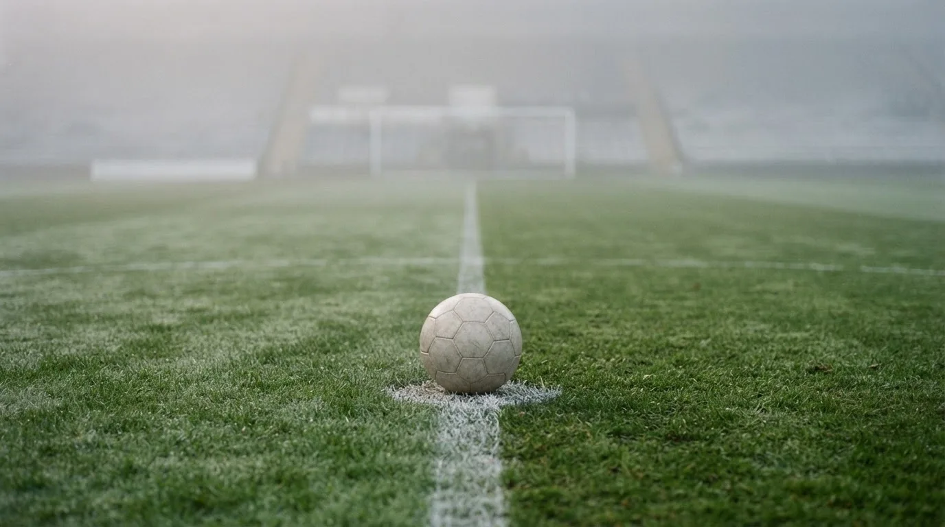 Ein Fußball liegt auf dem Anstoßpunkt eines leeren Rasenplatzes im Morgennebel.