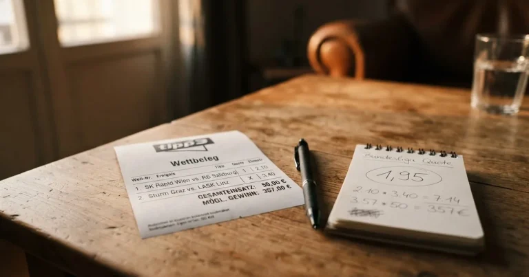 Ein leerer Wettschein aus Papier und ein Kugelschreiber liegen auf einem Holztisch, daneben ein kleiner Taschenrechner im Seitenlicht.