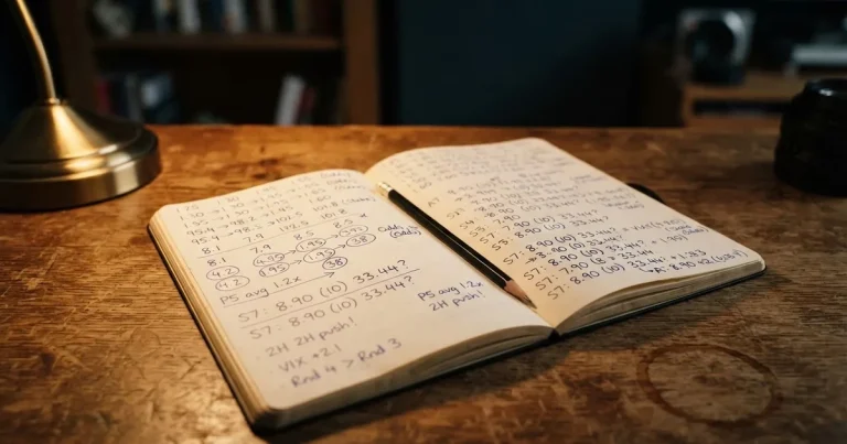 Ein aufgeschlagenes Notizbuch mit handschriftlichen Notizen und ein Bleistift liegen auf einem Schreibtisch im Licht einer Lampe.