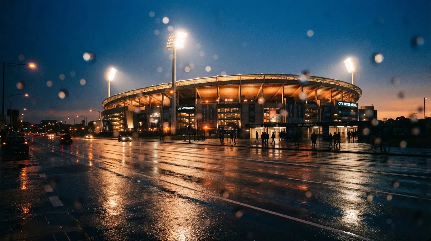 Ein Stadion unter Flutlicht aus großer Entfernung gesehen, davor eine regennasse Straße in der Dämmerung.