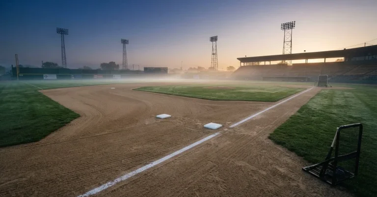 Ein leeres Baseballfeld mit Sandfläche, Basen und weißen Linien in der Morgendämmerung, über dem Rasen liegt leichter Nebel.