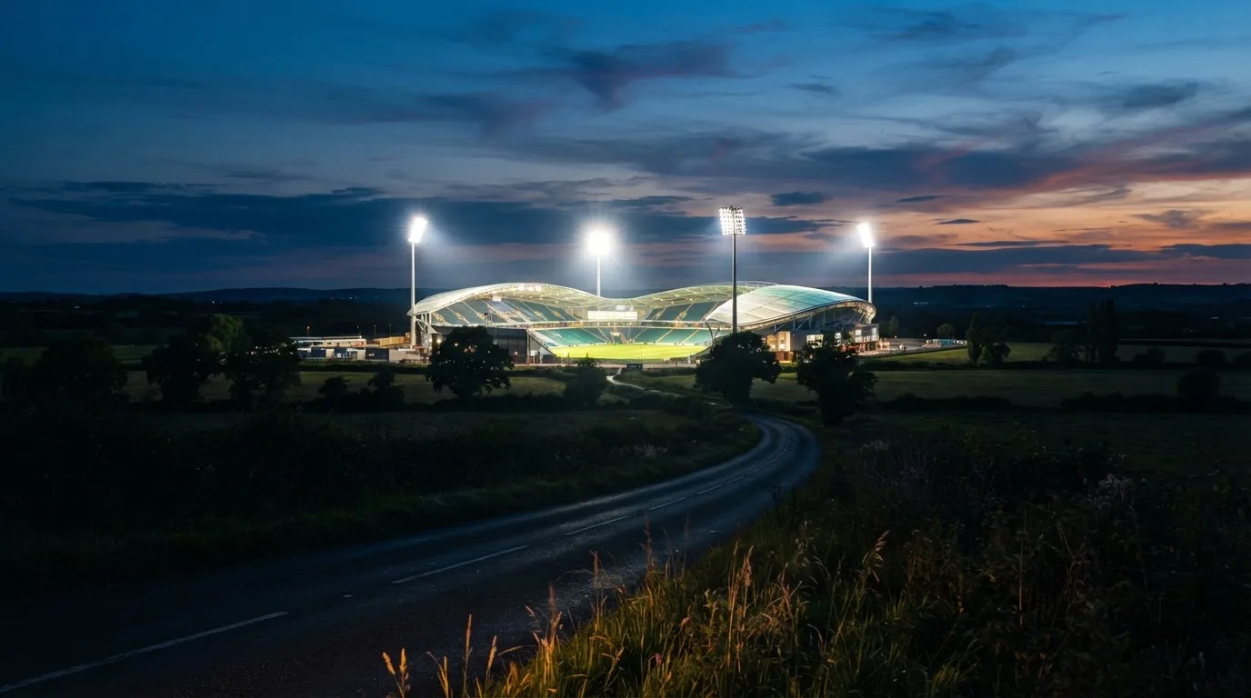 Ein Stadion unter Flutlicht aus großer Entfernung gesehen, davor eine dunkle Landstraße und einzelne Bäume in der Dämmerung.