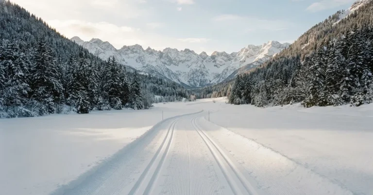 Eine verschneite Loipe im Morgenlicht mit gespurter Spur, im Hintergrund dunkler Nadelwald und eine Bergkette ohne Menschen.