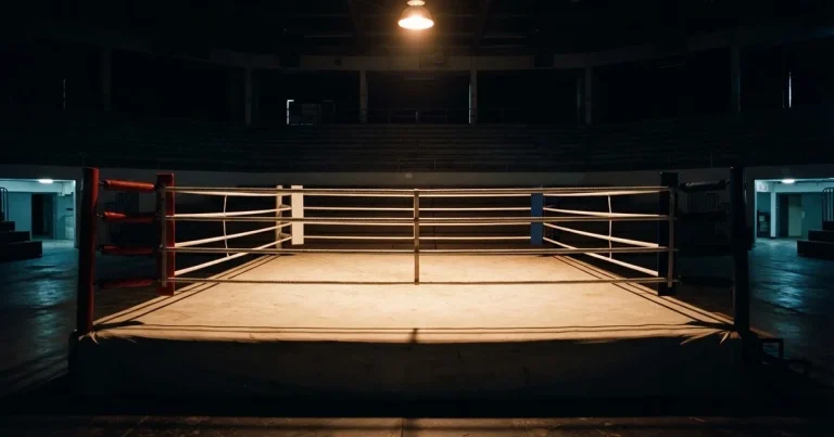 Ein leerer Boxring mit gespannten Seilen unter einer Hallenlampe, der Ringboden ist im Licht gut zu erkennen, niemand ist zu sehen.
