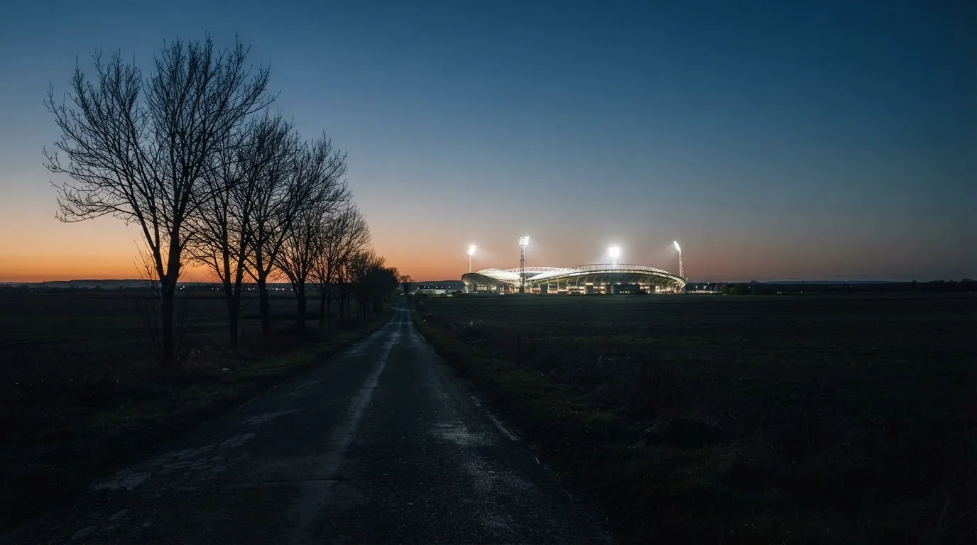 Ein Stadion unter Flutlicht aus großer Entfernung gesehen, davor eine dunkle Landstraße und einzelne Bäume in der Dämmerung.