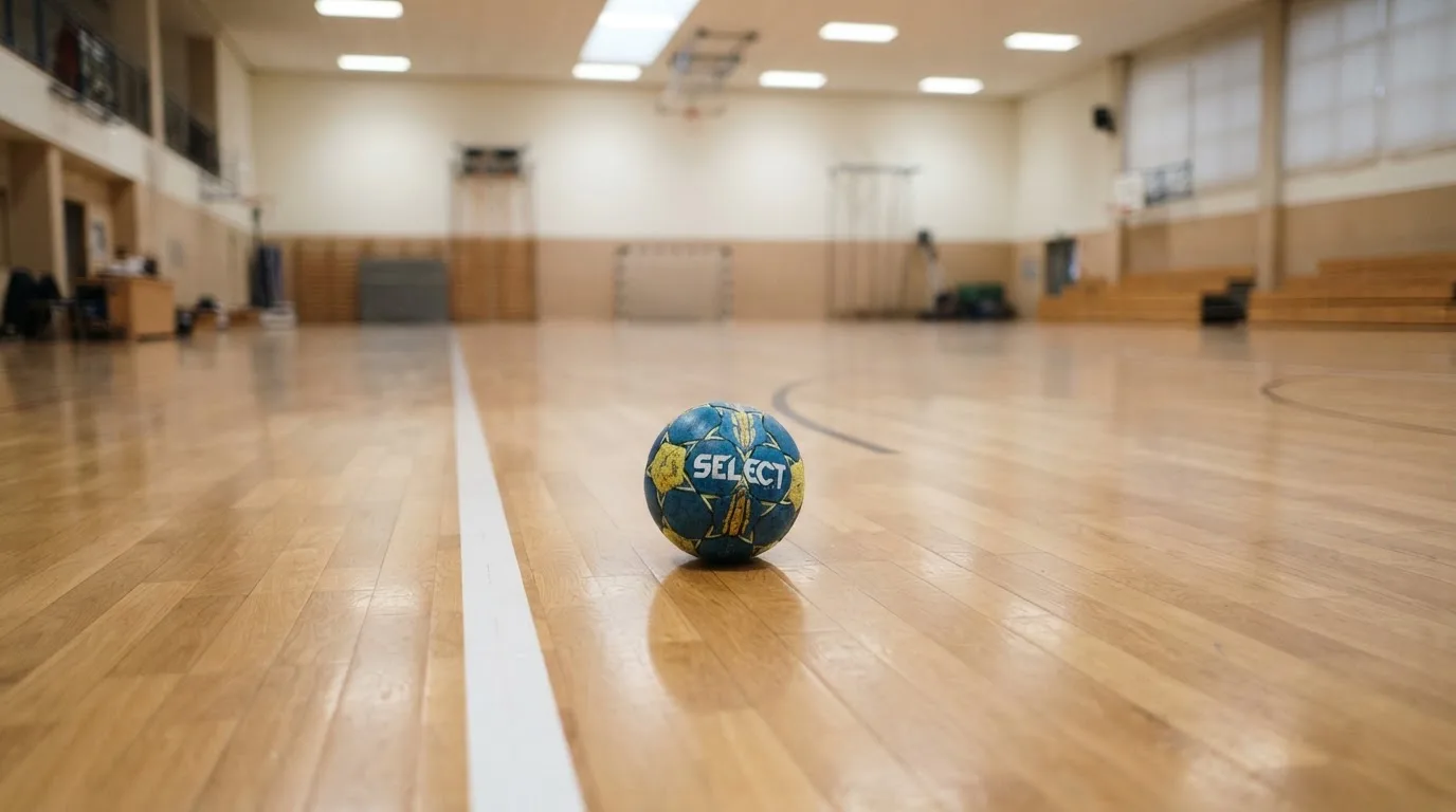 Ein Handball liegt auf dem Parkett einer Halle neben einer Spielfeldlinie, Licht fällt von oben ein.