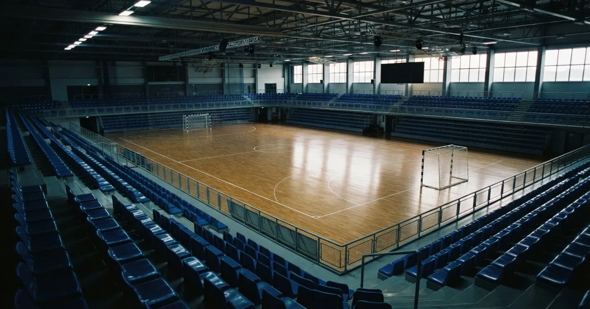 Eine leere Handballhalle von der Tribüne aus gesehen, der Hallenboden glänzt, an beiden Enden stehen Tore.