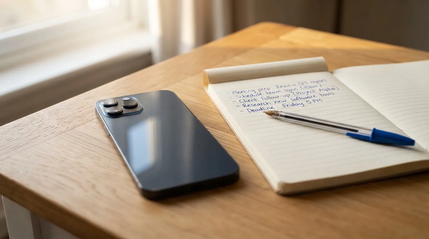 Ein Smartphone mit dunklem Display liegt auf einem Holztisch neben einem Notizblock und einem Stift, Tageslicht von links.