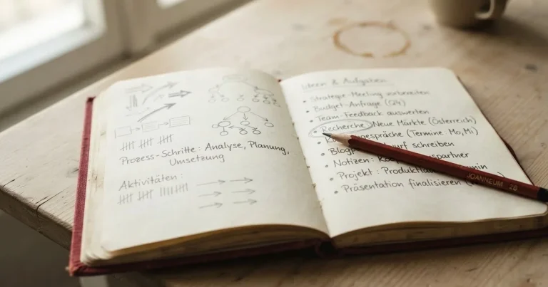 Ein Notizbuch mit handschriftlichen Stichpunkten und kleinen Skizzen liegt neben einem Bleistift auf einem hellen Tisch, Tageslicht von der Seite.